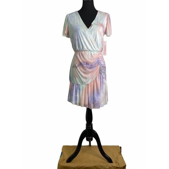 Aqua Womens Overlay‎ Faux Wrap Dress Pink Tie Dye Stretch V Neck Ruched M New - Picture 2 of 10